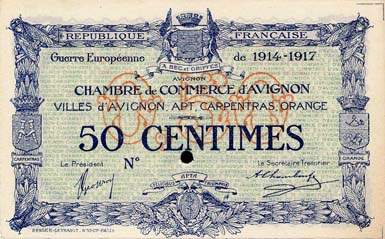 Billet de la Chambre de Commerce d'Avignon - Villes d'Avignon, Apt, Carpentras, Orange - 50 centimes - D�lib�ration du 11 ao�t 1915 - Guerre Europ�enne de 1914-1915 - sp�cimen
