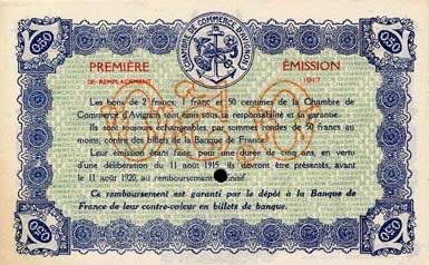 Billet de la Chambre de Commerce d'Avignon - Villes d'Avignon, Apt, Carpentras, Orange - 50 centimes - D�lib�ration du 11 ao�t 1915 - Guerre Europ�enne de 1914-1915 - sp�cimen