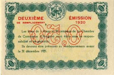 Billet de la Chambre de Commerce d'Avignon - Villes d'Avignon, Apt, Carpentras, Orange - 50 centimes - n� 305,706 - Deuxi�me �mission de remplacement 1920