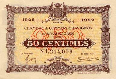 Billet de la Chambre de Commerce d'Avignon - Villes d'Avignon, Apt, Carpentras, Orange - 50 centimes - d�lib�ration du 26 octobre 1921