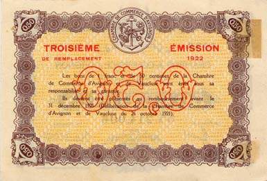 Billet de la Chambre de Commerce d'Avignon - Villes d'Avignon, Apt, Carpentras, Orange - 50 centimes - d�lib�ration du 26 octobre 1921