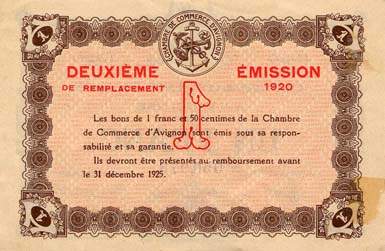 Billet de la Chambre de Commerce d'Avignon - Villes d'Avignon, Apt, Carpentras, Orange - 1 franc - Deuxi�me �mission de remplacement 1920