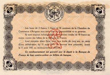 Billet de la Chambre de Commerce d'Avignon - Villes d'Avignon, Apt, Carpentras, Orange - 2 francs - D�lib�ration du 11 ao�t 1915 - Guerre Europ�enne de 1914-1915