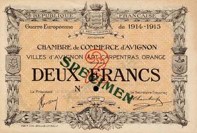 Billet de la Chambre de Commerce d'Avignon - Villes d'Avignon, Apt, Carpentras, Orange - 2 francs - D�lib�ration du 11 ao�t 1915 - Guerre Europ�enne de 1914-1915 - sp�cimen