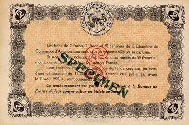 Billet de la Chambre de Commerce d'Avignon - Villes d'Avignon, Apt, Carpentras, Orange - 2 francs - D�lib�ration du 11 ao�t 1915 - Guerre Europ�enne de 1914-1915 - sp�cimen