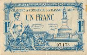 Billet de la Chambre de Commerce des Basses-Alpes - 1 franc - délibération du 19 juillet 1917