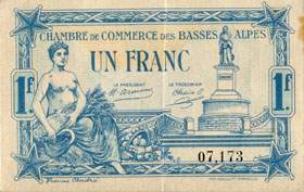 Billet de la Chambre de Commerce des Basses-Alpes - 1 franc - d�lib�ration du 19 juillet 1917