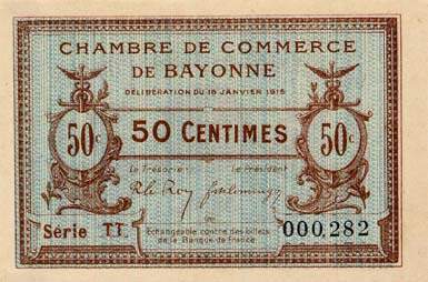 Billet de la Chambre de Commerce de Bayonne - 50 centimes - d�lib�ration du 16 janvier 1915 - s�rie TT - n� 002,282