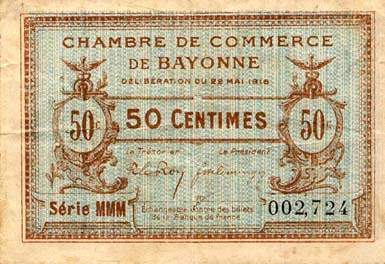 Billet de la Chambre de Commerce de Bayonne - 50 centimes - d�lib�ration du 22 mai 1916 - s�rie MMM - n� 002,724