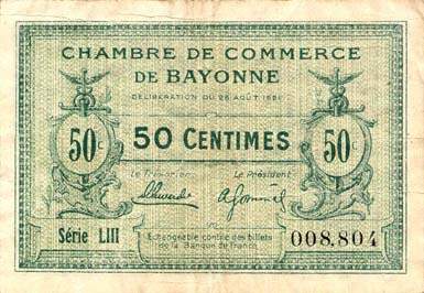 Billet de la Chambre de Commerce de Bayonne - 50 centimes - d�lib�ration du 26 ao�t 1921