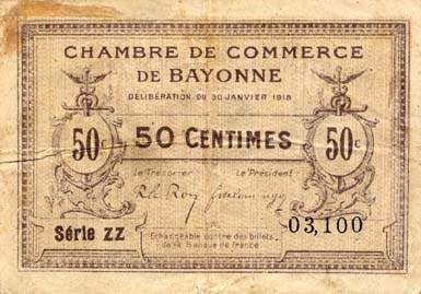 Billet de la Chambre de Commerce de Bayonne - 50 centimes - d�lib�ration du 30 janvier 1918 - s�rie ZZ - n� 03,100