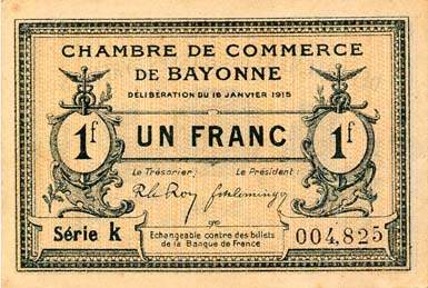 Billet de la Chambre de Commerce de Bayonne - 1 franc - délibération du 16 janvier 1915