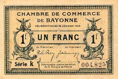 Billet de la Chambre de Commerce de Bayonne - 1 franc - d�lib�ration du 16 janvier 1915 - s�rie K - n� 004,825