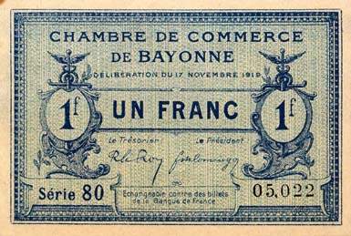 Billet de la Chambre de Commerce de Bayonne - 1 franc - 1 franc - délibération du 17 novembre 1919