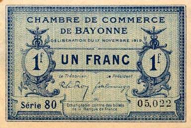Billet de la Chambre de Commerce de Bayonne - 1 franc - d�lib�ration du 17 novembre 1919 - s�rie 80 - n� 05,022