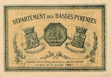 Billet de la Chambre de Commerce de Bayonne - 1 franc - d�lib�ration du 19 mai 1917 - s�rie 12 - n� 004,265