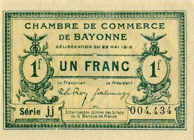 Billet de la Chambre de Commerce de Bayonne - 1 franc - d�lib�ration du 22 mai 1916 - s�rie JJ - n� 004,434