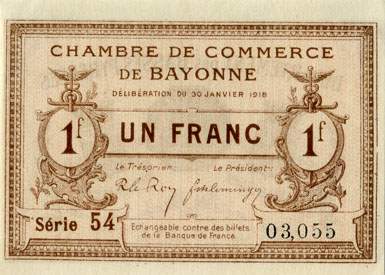 Billet de la Chambre de Commerce de Bayonne - 1 franc - d�lib�ration du 30 janvier 1918 - s�rie 54 - n� 03,055