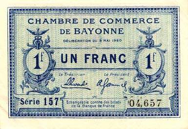 Billet de la Chambre de Commerce de Bayonne - 1 franc - d�lib�ration du 5 mai 1920 - s�rie 157 - n� 04,657