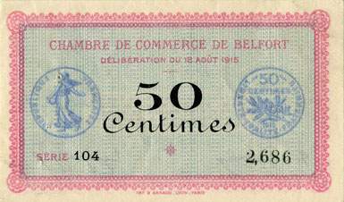 Billet de la Chambre de Commerce de Belfort - 50 centimes - d�lib�ration du 18 ao�t 1915 - s�rie 104