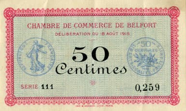 Billet de la Chambre de Commerce de Belfort - 50 centimes - d�lib�ration du 18 ao�t 1915 - s�rie 111 - n� 0259