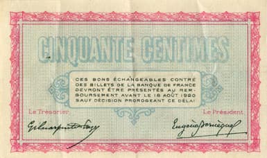 Billet de la Chambre de Commerce de Belfort - 50 centimes - d�lib�ration du 18 ao�t 1915 - s�rie 111 - n� 0259