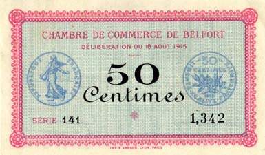 Billet de la Chambre de Commerce de Belfort - 50 centimes - d�lib�ration du 18 ao�t 1915 - s�rie 141