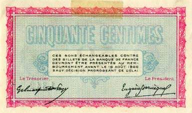 Billet de la Chambre de Commerce de Belfort - 50 centimes - d�lib�ration du 18 ao�t 1915 - s�rie 141