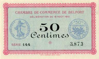 Billet de la Chambre de Commerce de Belfort - 50 centimes - d�lib�ration du 18 ao�t 1915 - s�rie 144 - n� 3,873