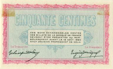 Billet de la Chambre de Commerce de Belfort - 50 centimes - d�lib�ration du 18 ao�t 1915 - s�rie 144 - n� 3,873