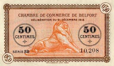 Billet de la Chambre de Commerce de Belfort - 50 centimes - d�lib�ration du 21 d�cembre 1918 - avec surcharge noire - sans �toile en haut � droite avant le cercle