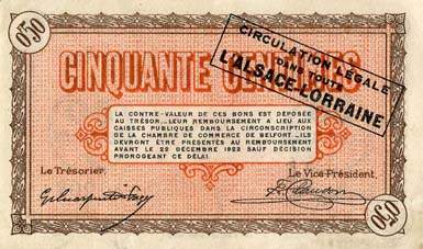Billet de la Chambre de Commerce de Belfort - 50 centimes - d�lib�ration du 21 d�cembre 1918 - avec surcharge noire - sans �toile en haut � droite avant le cercle