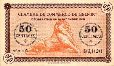 Billet de la Chambre de Commerce de Belfort - 50 centimes - d�lib�ration du 21 d�cembre 1918 - avec surcharge noire - avec �toile en haut � droite avant le cercle