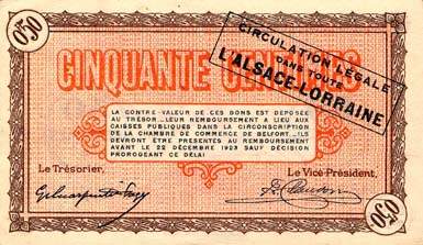 Billet de la Chambre de Commerce de Belfort - 50 centimes - d�lib�ration du 21 d�cembre 1918 - avec surcharge noire - avec �toile en haut � droite avant le cercle