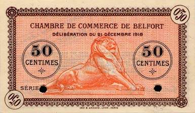 Billet de la Chambre de Commerce de Belfort - 50 centimes - d�lib�ration du 21 d�cembre 1918 - avec surcharge violette - sp�cimen annul�