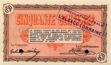 Billet de la Chambre de Commerce de Belfort - 50 centimes - d�lib�ration du 21 d�cembre 1918 - avec surcharge violette - sp�cimen annul�