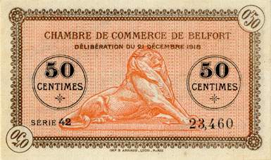 Billet de la Chambre de Commerce de Belfort - 50 centimes - d�lib�ration du 21 d�cembre 1918 - s�rie 42 - n� 23460 - avec surcharge violette - sans �toile en haut � droite avant le cercle
