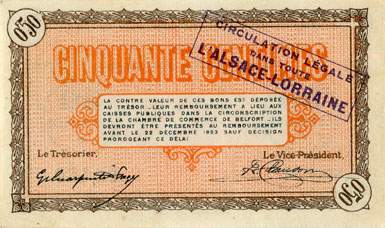 Billet de la Chambre de Commerce de Belfort - 50 centimes - d�lib�ration du 21 d�cembre 1918 - s�rie 42 - n� 23460 - avec surcharge violette - sans �toile en haut � droite avant le cercle