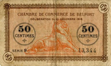 Billet de la Chambre de Commerce de Belfort - 50 centimes - d�lib�ration du 21 d�cembre 1918 - s�rie 9 - n� 13344 - avec surcharge violette - avec �toile en haut � droite avant le cercle