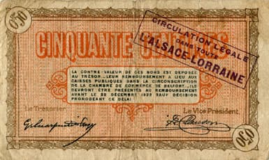 Billet de la Chambre de Commerce de Belfort - 50 centimes - d�lib�ration du 21 d�cembre 1918 - s�rie 9 - n� 13344 - avec surcharge violette - avec �toile en haut � droite avant le cercle