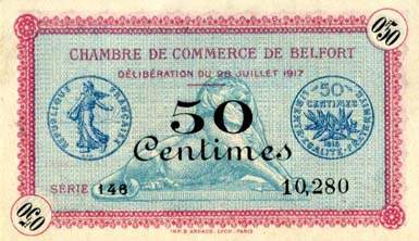 Billet de la Chambre de Commerce de Belfort - 50 centimes - d�lib�ration du 28 juillet 1917
