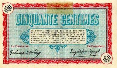 Billet de la Chambre de Commerce de Belfort - 50 centimes - d�lib�ration du 28 juillet 1917