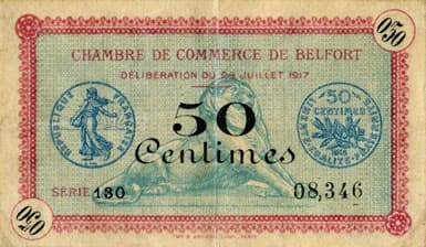 Billet de la Chambre de Commerce de Belfort - 50 centimes - d�lib�ration du 28 juillet 1917 - s�rie 130 - n� 08346