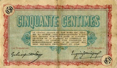 Billet de la Chambre de Commerce de Belfort - 50 centimes - d�lib�ration du 28 juillet 1917 - s�rie 130 - n� 08346