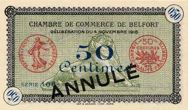 Billet de la Chambre de Commerce de Belfort - 50 centimes - d�lib�ration du 4 novembre 1918 - avec surcharge bleue - s�rie 106 - sp�cimen annul�