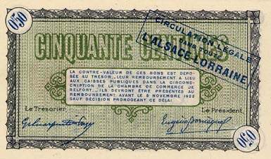 Billet de la Chambre de Commerce de Belfort - 50 centimes - d�lib�ration du 4 novembre 1918 - avec surcharge bleue - s�rie 106 - sp�cimen annul�