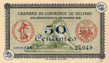 Billet de la Chambre de Commerce de Belfort - 50 centimes - d�lib�ration du 4 novembre 1918 - s�rie 125