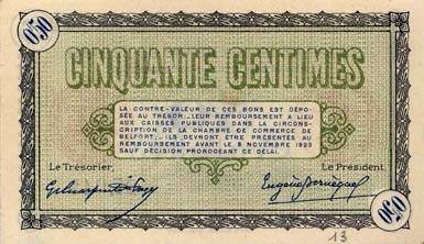 Billet de la Chambre de Commerce de Belfort - 50 centimes - d�lib�ration du 4 novembre 1918 - s�rie 125