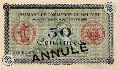 Billet de la Chambre de Commerce de Belfort - 50 centimes - d�lib�ration du 4 novembre 1918 - avec surcharge bleue - s�rie 107 - sp�cimen annul�