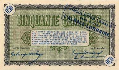 Billet de la Chambre de Commerce de Belfort - 50 centimes - d�lib�ration du 4 novembre 1918 - avec surcharge bleue - s�rie 107 - sp�cimen annul�